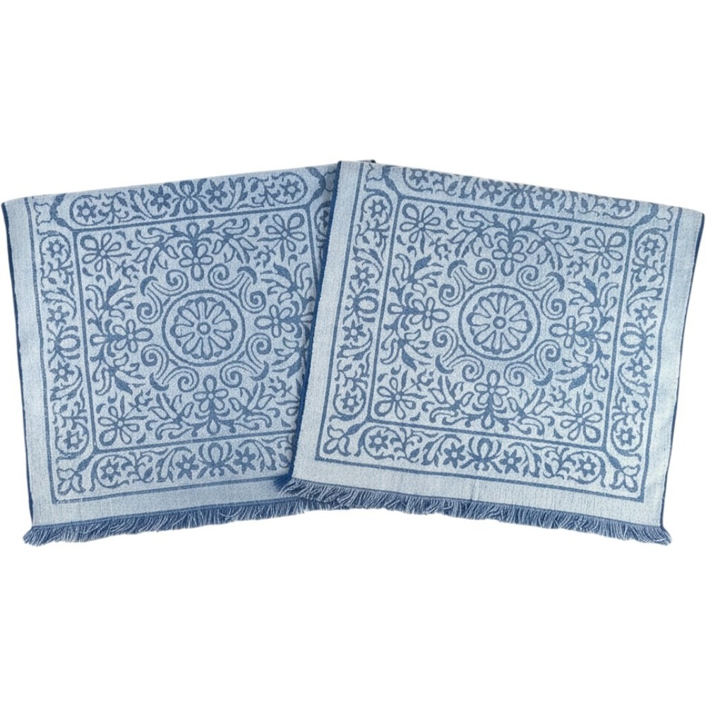 Vintage Sears Drylon Blue Damask Jacquard Bath Towels Set of 2 Fringed Cotton